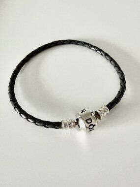 PANDORA Black Braided Leather Charm Bracelet